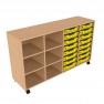 Meuble en bois sur roulettes - 16 bacs plastique