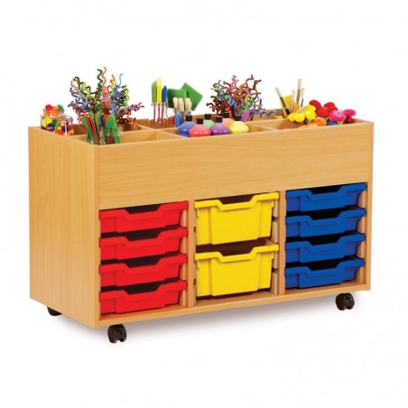 Meuble rangement scolaire sur roulettes - 6 cases + 10 bacs