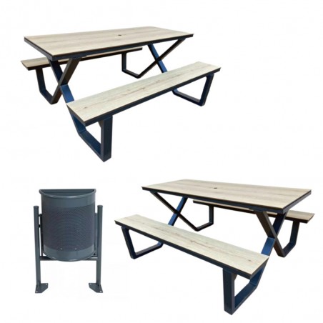 Lot - 2 tables pique-nique HPL + 1 poubelle demi-ronde OFFERTE